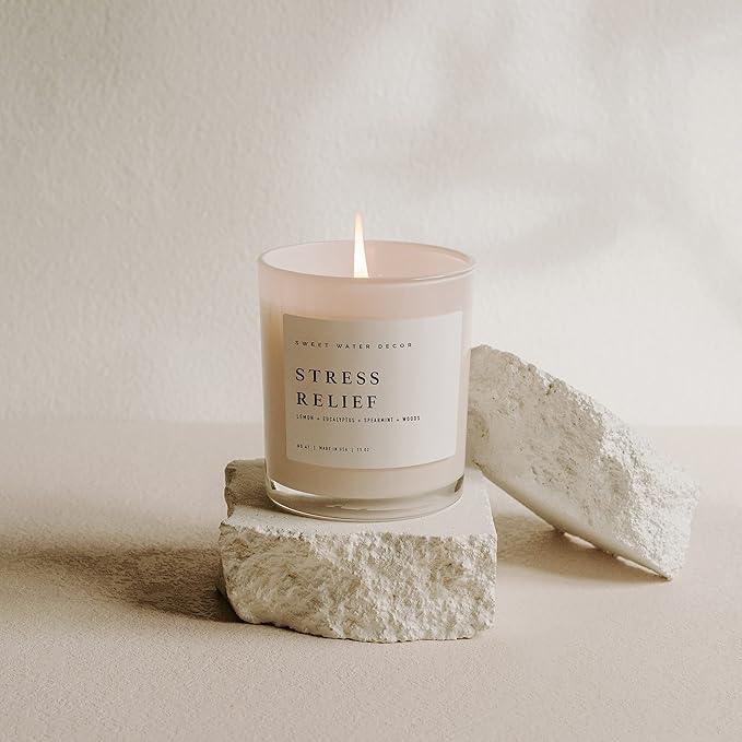 Sweet Water Decor Candles | Spa Scented Soy Wax Candle for Home | 11oz Jar Candle with Wood Lid, 50+ Hour Burn Time, Made in The USA (Stress Relief, White - 11 oz) - Bloomnest
