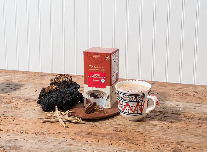 Teeccino Chaga Ashwagandha Tea - Butterscotch Cream - 25 Tea Bags - Organic Mushroom Adaptogenic Herbal Tea, 3x More Herbs than Regular Tea Bags, Prebiotic, Caffeine Free, Gluten Free - Bloomnest