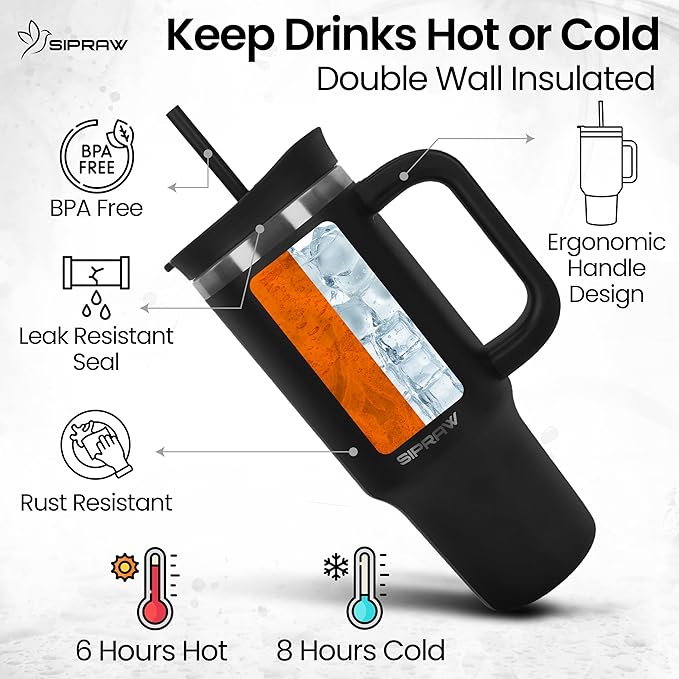 Tumbler with Handle, Insulated Tumbler with Lid and Straw, Stainless Steel Travel Coffee Mug, Cup Holder Friendly, Perfect for Camping, Travelling & Gifting, 30oz, Black - Bloomnest