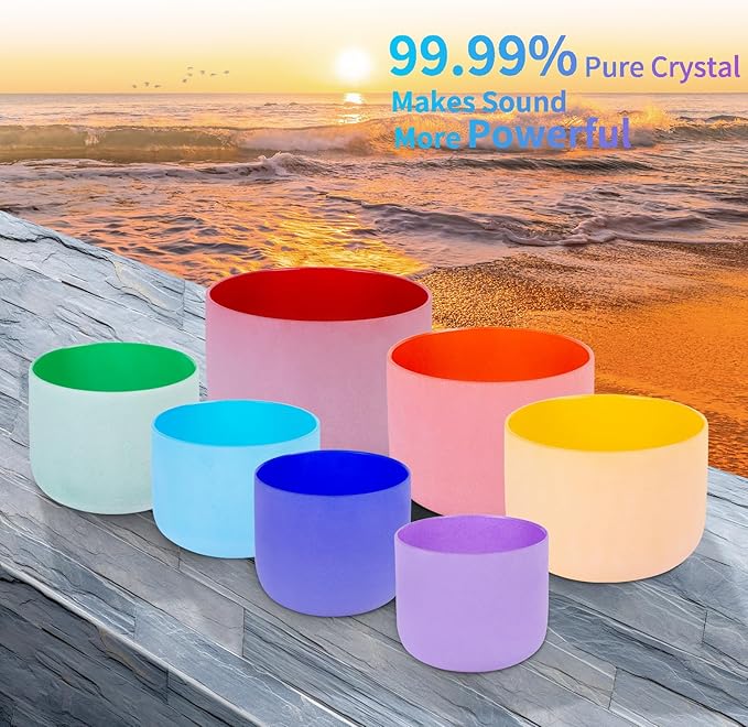 432HZ Set of 7 Colored Crystal Singing Bowls of Meditation 6-12 Inch Sound Bowl for Yoga, Chakra Healing,2PCS Travel Carry Case Bag1pcs Rubber Mallet 1pcs crystal mallets