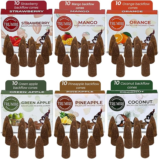 Fruity - Backflow Incense Cones for Waterfall - Scented Inscents-Cones - Pineapple, Strawberry, Coconut, Mango, Apple, Orange - Insiensos Aromaticos - 6x10=60 Large Variety Pack
