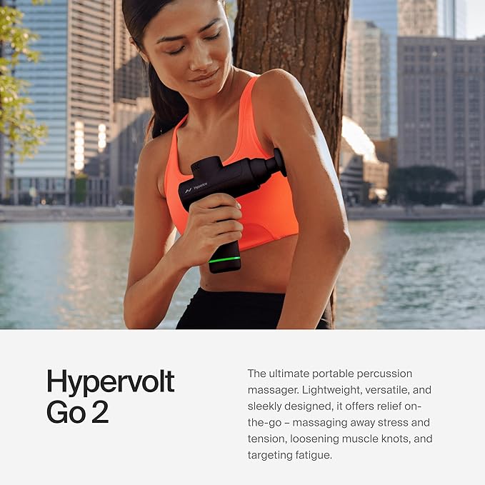 Hyperice Hypervolt Go 2 - Black - Featuring Quiet Glide Technology - Handheld Percussion Massage Gun - 3 Speeds, 2 Interchangeable Heads - Helps Relieve Sore Muscles and Stiffness - FSA-HSA Eligible - Bloomnest