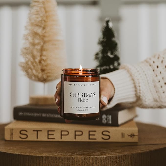 Sweet Water Decor Christmas Tree Candle - Pine Needles, Cedarwood, Cypress, and Evergreen Soy Holiday Scented Candles for Home - 9oz Amber Jar Candle, 40+ Hour Burn Time, Made in The USA - Bloomnest