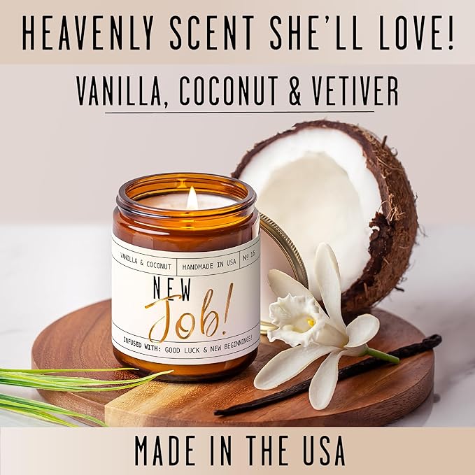 New Job Gifts for Women, Congratulations Gifts for Women - 'New Job Candle, w/Vanilla & Coconut I Job Promotion Gifts for Women I Leaving Job Gifts I Goodbye Coworker Gift I 50Hr Burn, Made in USA - Bloomnest