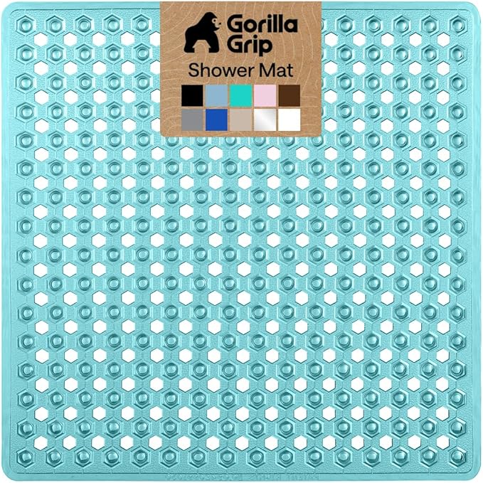 GORILLA GRIP Patented Square Shower Stall Mat, Small Bathtub Floor Mats for Stand Up Showers, Suction Cups and Drainage Holes, Machine Wash, Soft on Feet, Bathroom Accessories 21x21 Inch, Turquoise - Bloomnest