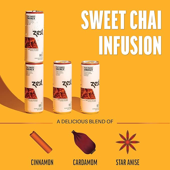 Zest Clean Energy Drink – Sweet Chai Infusion – 150mg Caffeine + 100mg L-Theanine – Natural Focus & Concentration Boost – Healthy Energy Drink 12oz Can 12 Pack – Low Sugar, No Artificial Sweeteners - Bloomnest