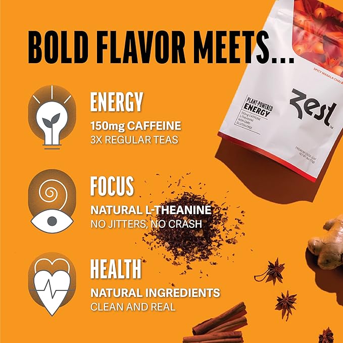 Zest Energy Black Tea - Spicy Masala Chai Loose Leaf Blend - High Caffeine Cardamom Ginger Tea with Cinnamon - Caffeinated Coffee Altnernative - Natural, Non-GMO & Keto - 50 Servings - 150mg Caf - Bloomnest