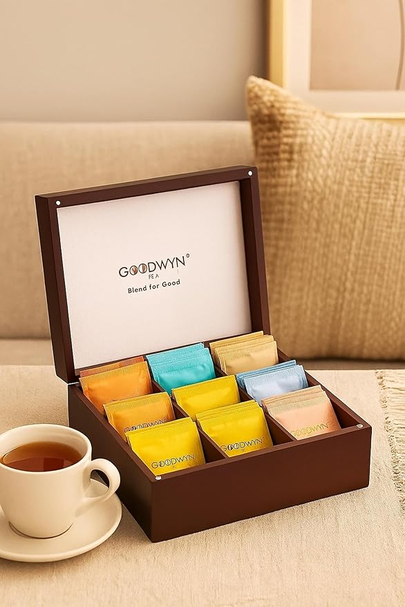 Goodwyn Assorted Tea Sampler Box – 90 Individually Wrapped Tea Bags | Premium Herbal, Black & Green Tea Collection in Reusable Wooden Chest | 9 Flavors x 10 Each: Peppermint, Chamomile, Assam, Darjeeling, Lemon, Green Tea, Kahwa, Jasmine, Earl Grey | I... - Bloomnest