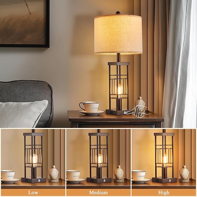 Table Lamp for Living Room Set of 2 with USB Charging Ports, 3-Way Dimmable 27.6" Farmhouse End Lamps for Bedroom, Industrial Nightstand Lamps,Bulbs Included(Oil-Rubbed Bronze) - Bloomnest