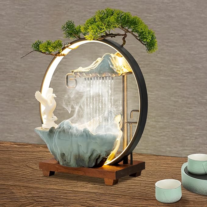 15In White Crane Water Fountain Waterfall Indoor Tabletop Decration Humidifier with LED Light, Atomizer Circulating Water, Japanese Zen Decor Meditation Feng Shui Decor Festival Birthday Gift - Bloomnest