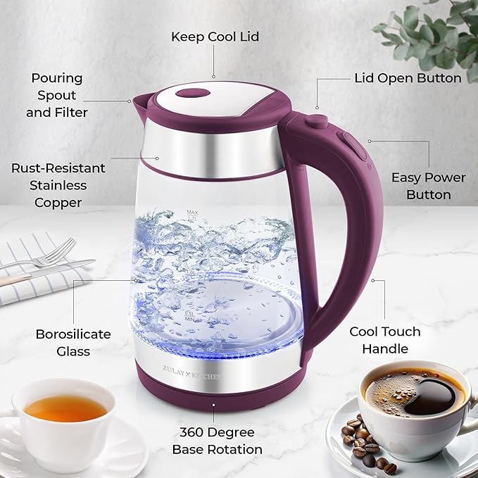 Zulay Kitchen Fast Boiling Electric Water Kettle - 1.7L, 1500W, Auto Shut-Off for Overboil & Boil Dry Protection, Cool-Touch Handle, 360° Base - Rapid Teapot Boiler For Coffee & Tea - Purple - Bloomnest