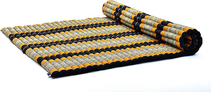 Leewadee - Foldable Floor Mattress - Japanese Roll Up Futon -Trifold Tatami Mat- Guest Floor Bed - Camping Mattress - Thai Massage Mat, Kapok Filled, 75 x 57 inches, Black Orange - Bloomnest
