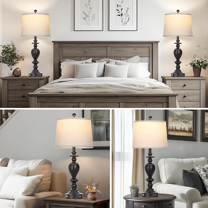 28" Black Farmhouse Table Lamps Set of 2 with USB C+A Ports & AC Outlet for Vintage Living Room Rustic Bedroom,3-Way Dimmable Touch Lamp Retro Resin Bedside Lamps for Nightstand Side Table - Bloomnest