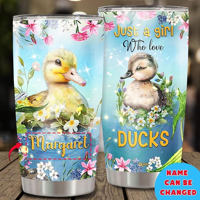 WAZONE Personalized Tumbler Just A Girl Who Loves Ducks Flower Cute Animal Print Stainless Steel Insulated 20oz 30oz Coffee Cups With Lid Customized Name Birthday Christmas Gifts For Girls - Bloomnest