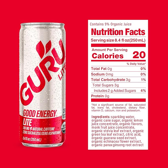 GURU Lite Organic Energy Drinks, Clean Energy Drink with Plant Based Natural Caffeine from Green Tea, Low Calorie, Gluten Free and Vegan, 100MG Caffeine, Healthy Drinks, 8.4oz (Pack of 24) - Bloomnest