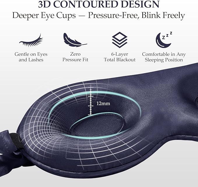 100% Pure Mulberry Silk Sleep Mask, 3D Contoured Cup Eye Mask for Sleeping, 22 Momme Super Soft Breathable Blindfold, Adjustable Blackout Travel Silk Eye Cover Blue - Bloomnest