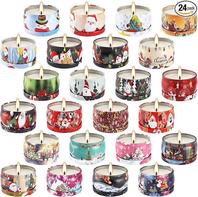24Pack Christmas Scented Candle Tins Gift Set - Soy Wax Festive Aromatherapy Candles 2.5oz- Smokeless Long Lasting Burn time for Christmas Gifts Holiday Decor & Gifting. - Bloomnest