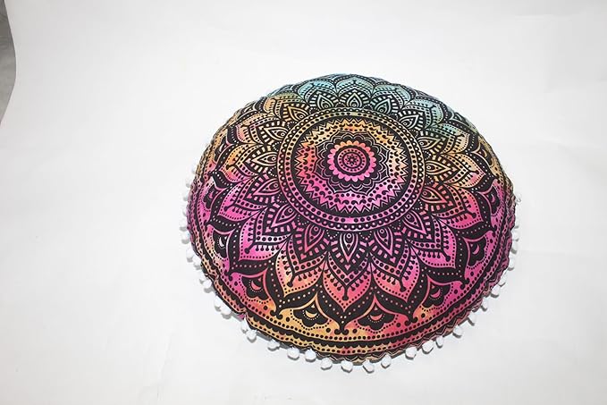 CRAFT KALA Boho Large Floor Pillow Pouf Cover Mandala Meditation Room Pillow Cover for Adults Round Bohemian Seating Pouf Cushion Cover for Kids Playroom 22" Multi Ombre - Bloomnest