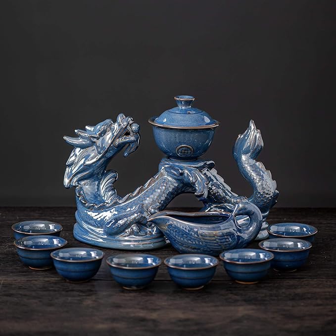 Ceramic Teapot with Infuser Semi Automatic Tea Set Magic Teapot with 8 cups Gradient Color (Blue Dragon- A) - Bloomnest