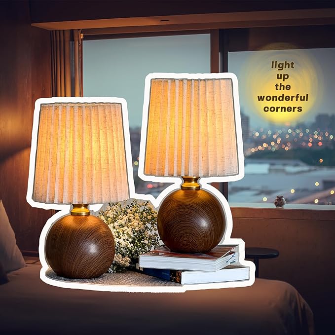 Small Pleated Table Lamp Set of 2 for Bedroom, Mini Bedside Lamps for Nightstand with Round Fabric Linen Shade, Dimmable Desk Lamp, Cute Table Lamps for Small Spaces for Living Room, Kids Room - Bloomnest