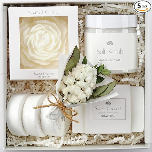 Spa Gift Box for Women – Sweet Coconut Candle Set, Ready to Gift Bath & Body Birthday Basket for Women, Small Handmade Vegan Luxury Self Care Box - Bloomnest