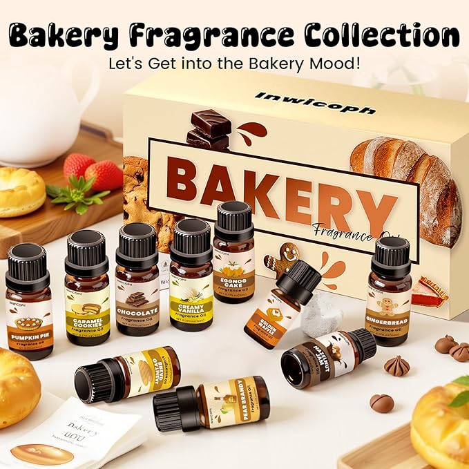 Bakery Essential Oils Set (10 × 5ml), INWICOPH Fragrance Oil for Soap & Candle Making - Pumpkin Pie, Golden Waffle, Hazelnut, Eggnog Cake Aromatherapy Scented Oils - Bloomnest