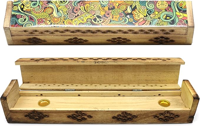 SOUL STICKS Handmade Carved Incense Burner Wooden Coffin Box with Storage Includes Go Away Evil Incense Sticks (Love Art) - Bloomnest