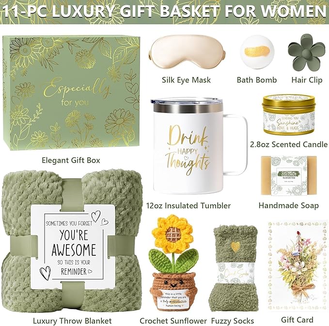 Birthday Gifts for Women Self Care Get Well Soon Gift Baskets, Spa Care Package Thinking of You Gift Set, Sympathy Inspirational Sunflower Valentines Day Gifts for Her Women Mom Friends Sister Wife - Bloomnest