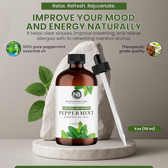 NaturoBliss Peppermint Essential Oil, 100% Pure and Natural Therapeutic Grade, Premium Quality Peppermint Oil, 4 fl. Oz - Perfect for Aromatherapy and Relaxation - Bloomnest