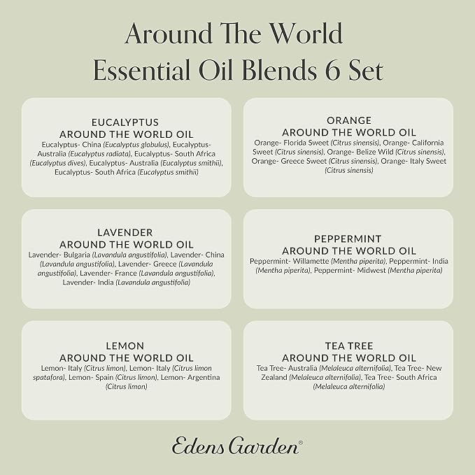 Edens Garden Essential Oils Around The World 6 Set – 100% Pure Therapeutic Grade Aromatherapy: Eucalyptus, Lavender, Lemon, Orange, Peppermint & Tea Tree for Home Diffusers – Undiluted, 10 ml/ 6 Pack - Bloomnest