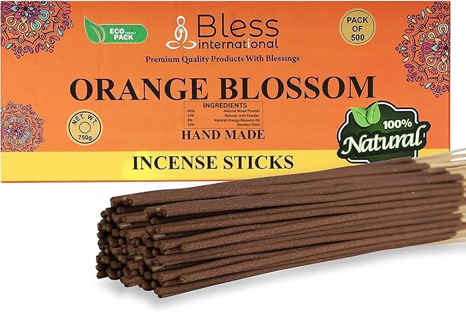 Bless-Orange-Blossom 100%-Natural-Handmade-Hand-Dipped-Incense-Sticks Organic-Chemicals-Charcoal-Free Purification-Relaxation-Positivity-Yoga-Meditation Best-Woods-Scent (500 Sticks(26 OZ)) BlessInternational