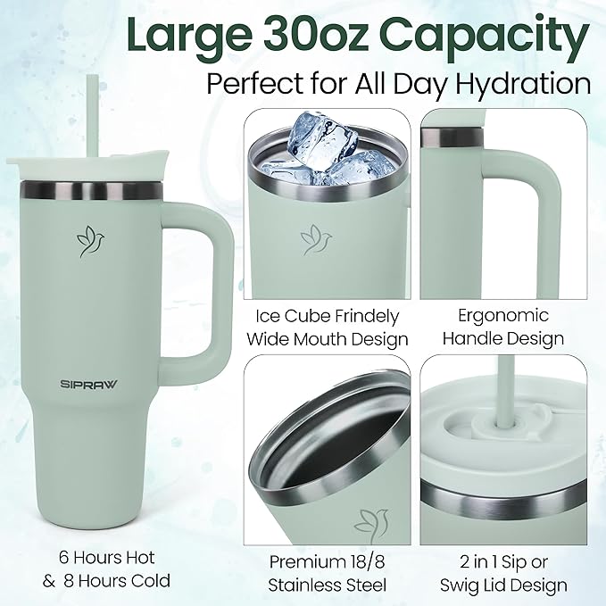 Tumbler with Handle, Insulated Tumbler with Lid and Straw, Stainless Steel Travel Coffee Mug, Cup Holder Friendly, Perfect for Camping, Travelling & Gifting, 30oz, Pastel green - Bloomnest