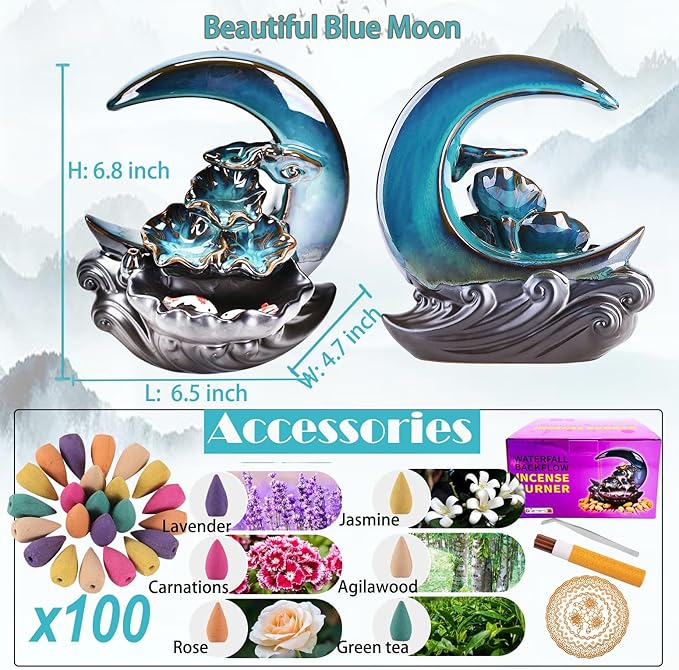 New Moon Backflow Incense Holder, Ceramic Hand-Made Incense Fountain Burner with 100 Backflow Incense Cones，Fragrance Incense Stick，Mat，Aromatherapy Home Decoration - Bloomnest