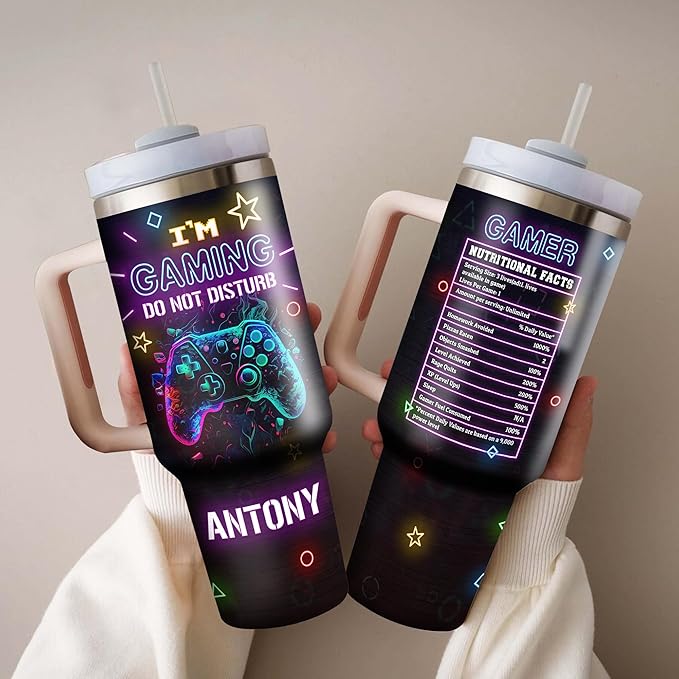 WAZONE Personalized Gamer Tumbler Nutrition Facts Customized Gaming Tumbler 40oz with Handle and Straw Insulated Travel Mugs Birthday Christmas Gifts for Video Game Lovers Pro Gamers Men Women - Bloomnest