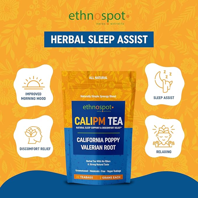 CaliPM Teabags - Natural Sleep Tea with California Poppy & Valerian Root, Herbal Tea for Relaxation & Discomfort Relief, Unsweetened & Vegan, Melatonin-Free, 100% Natural Ingredients - 2 Gram Teabags - 32 Teabags - Bloomnest