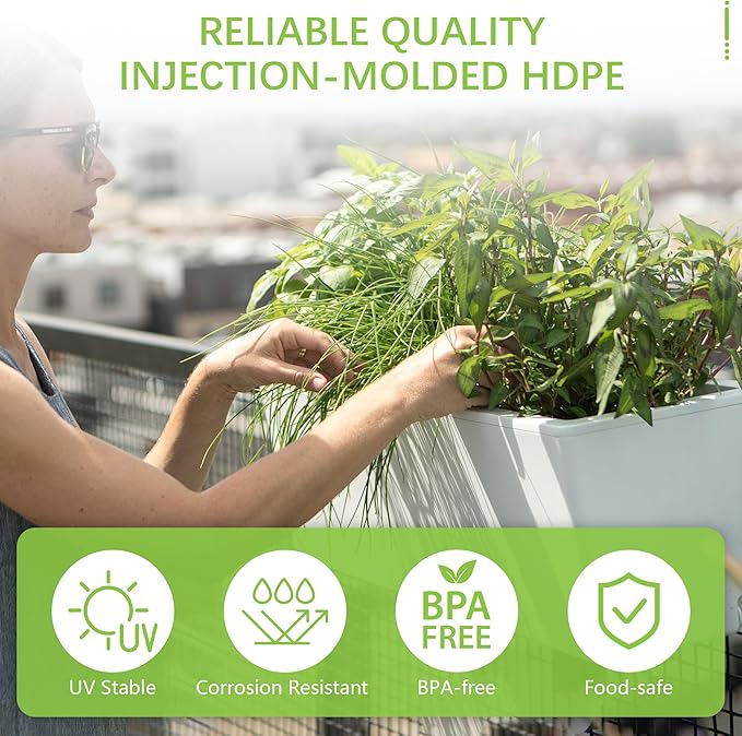 Glowpear Self Watering Railing Planter Box - 23.6", White - UV Stable, Scalable Plant Pot with Water Gauge, Indoor Outdoor for Vegetables, Flowers, Herbs, and Succulents - Bloomnest