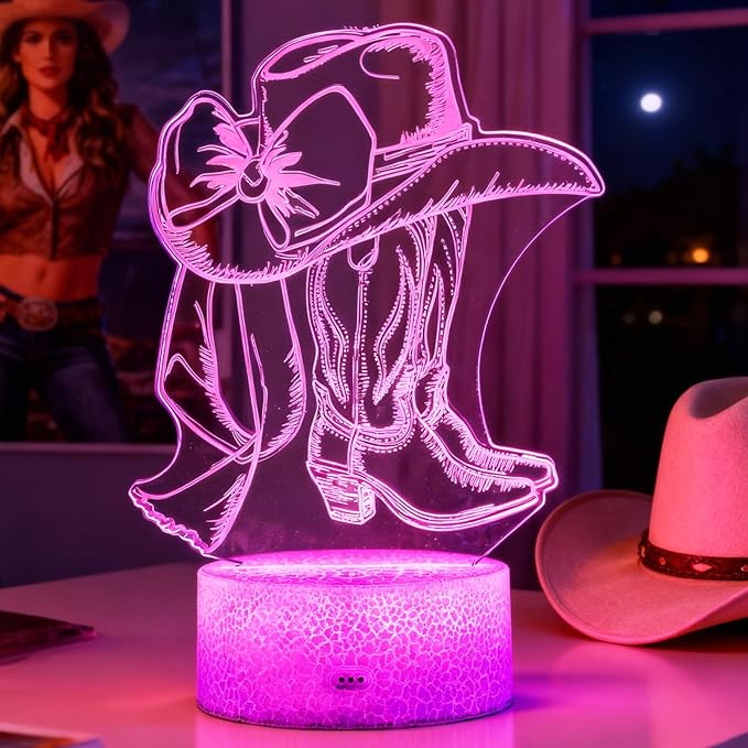 Cowgirl Gifts, Cowgirl Night Light, 3D Illusion Lamp with 16 Colors Changing, Timer, 4 Flash Modes and Dimmer with Remote Control, Western Room Decor for Holiday Birthday Christmas - Bloomnest