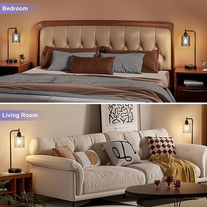 Innqoo Industrial Touch Bedroom Lamps for Bedrooms Set of 2-3-Way Dimmable Table Lamps with USB C+A Ports and Outlet, Bedside Lamps with Gray Glass Shade for Living Room, Desk Lamps for Home Office - Bloomnest