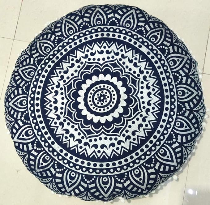 INDIAN CRAFT CASTLE 24" Blue Silver Mandala Barmeri Large Floor Pillow Cover Cushion Meditation Seating Ottoman Throw Cover Hippie Decorative Zipped Bohemian Pouf Ottoman Pom Pom Cases 24" Round - Bloomnest