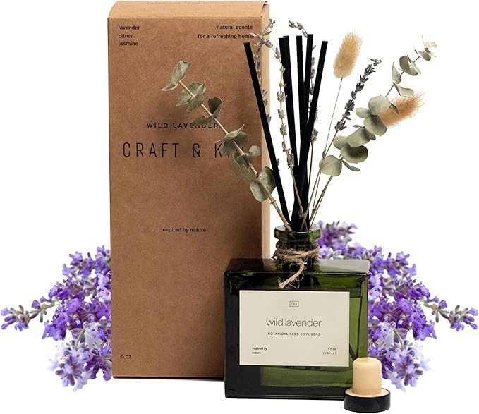 Craft & Kin Reed Diffuser with Dried Flowers | 5 oz White Lavender Scented Winter Reed Diffusers for Home, Bathroom | Scent Sticks | Elegant Fragrance Home Decor for Men & Women CraftKin