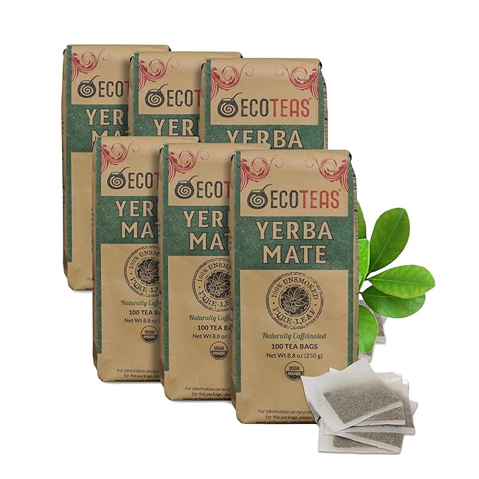 ECOTEAS Premium Unsmoked Yerba Mate Tea Bags - Detox and Hi Caf Tea - Organic - 100 Tea Bags, 8.8 oz (6 pack) - Bloomnest