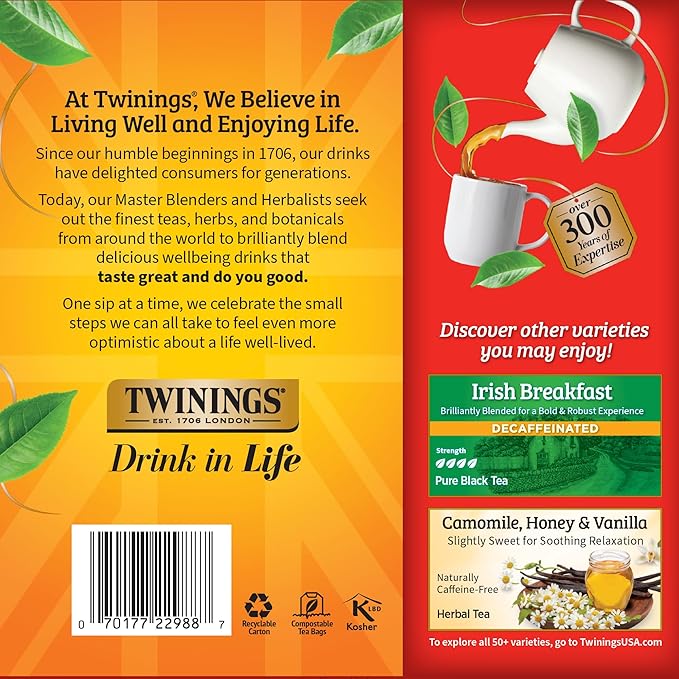 Twinings Decaffeinated English Breakfast Black Tea Individually Wrapped Bags, 100 Count (Pack of 1), Smooth, Flavourful Black Tea, Enjoy Hot or Iced, 100 Teabags - Bloomnest