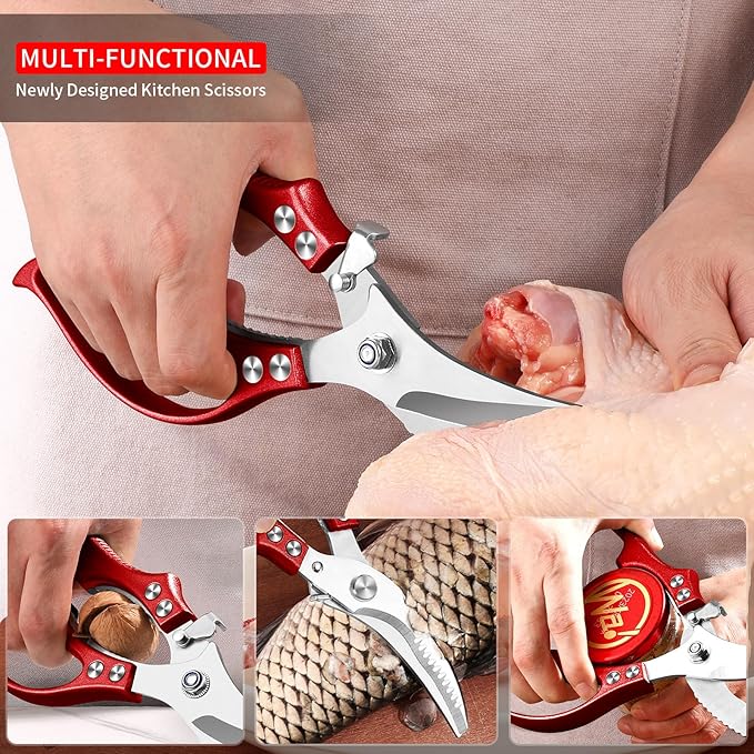 MAD SHARK Professional Heavy Duty Poultry Shears - Kitchen Shears for Spatchcocking Chicken and Meat Cutting, Multi-Purpose Kitchen Scissors for Food, Spring-loaded (Red) - Bloomnest