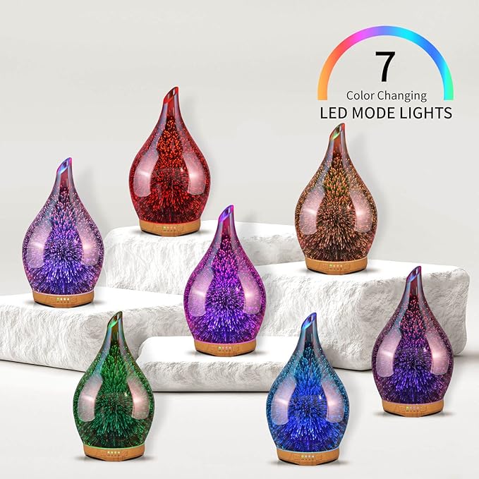 Porseme 280ml Essential Oil Diffuser 3D Hand-Blown Glass Aroma Diffusor, Aromatherapy Unltrasonic Cool Mist deffuser, 7 Color Changing Humidifier, Waterless Shut-Off, Timer Function for Home Office Porseme