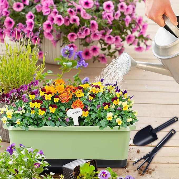 Window Box Planter 6 Pcs, 17 Inches Rectangle Flower Pots with Drainage Holes and Trays, Vegetable Planters for Windowsill Patio Garden Balcony Home Indoor Outdoor (Light Green, 18*10*6 inch) - Bloomnest