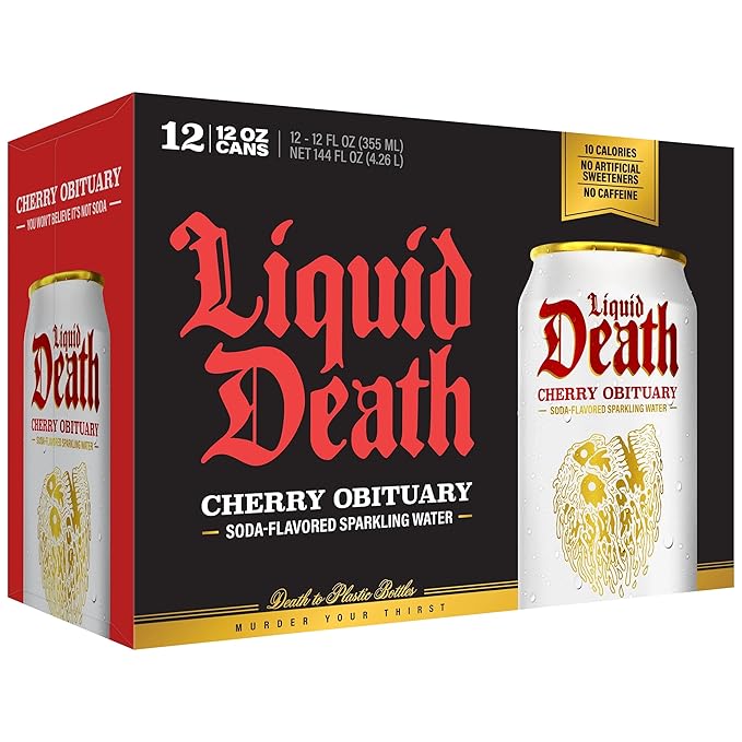 Liquid Death Soda-Flavored Sparkling Water - Cherry Obituary, Less Sugar*, Huge Flavor, No Caffeine, No Artificial Sweeteners, 12 Fl Oz (Pack of 12) - Bloomnest