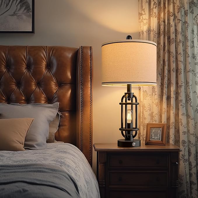 24'' Table Lamps for Living Room Bedroom Industrial Touch Lamp with USB A+C Ports, Night Light Farmhouse Vintage Nightstand Bedside Lamps for Night Stands Metal Black, Bulbs Included - Bloomnest