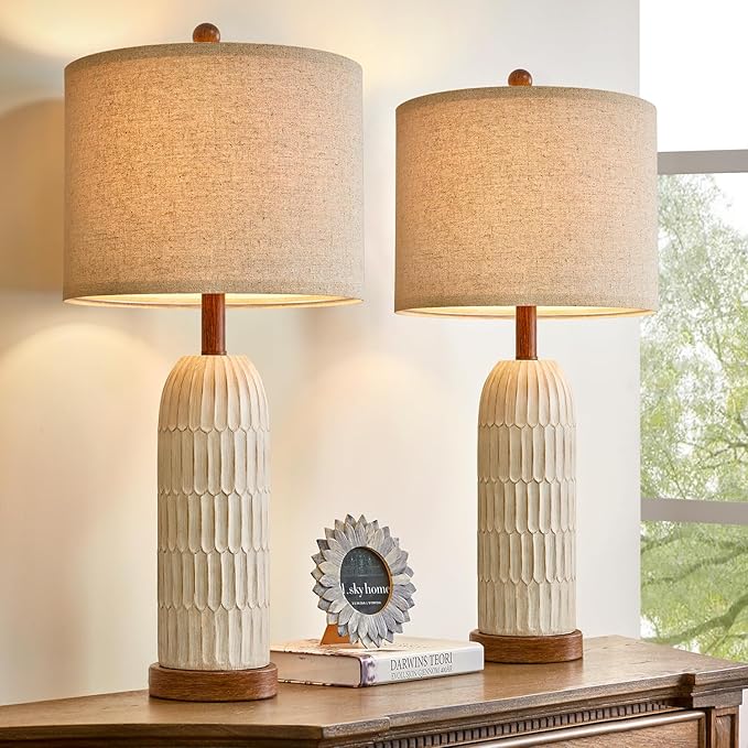 OYEARS 26.5" Table Lamp Set of 2 for Bedroom Living Room with USB A+C Charging Ports Modern Farmhouse Bedside End Lamps Rustic Nightstand Lamps,Brown - Bloomnest