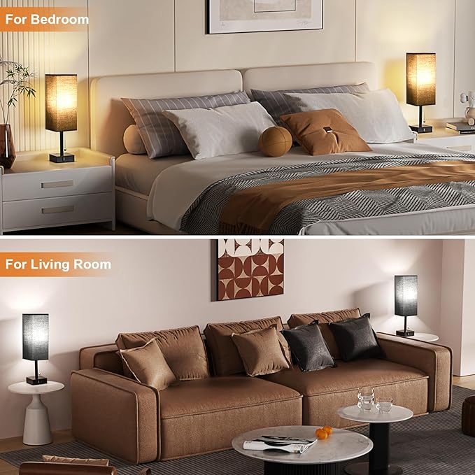 Bedside Table Lamps Set of 2 - Black Bedroom Lamps with 3 Color Temperatures (3000K/5000K/4000K), Two Square Nightstand Lamps with USB C + A Charging Ports, Pull Chain Small Night Light for End Table - Bloomnest