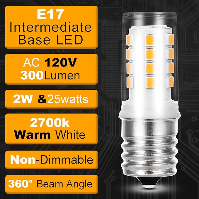 Microwave Light Bulb 120V 2W 2700K Warm White 300lm 25W E17 Intermediate Base Appliance Bulb Replacement for Microwave Oven Stove Range Hood Refrigerator 8206232A Light Bulb, Non-Dimmable, 2 Pack - Bloomnest